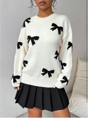 Cream Knit Bow Pattern Sweater